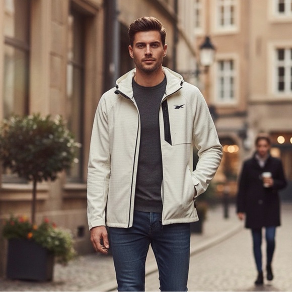 Reebok Men's Cream Hooded Performance Jacket size M Windbreaker lightweight New - Picture 9 of 14